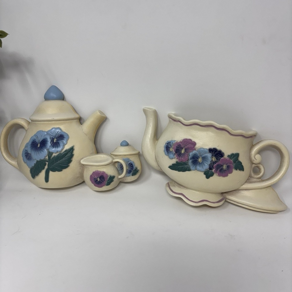 Vintage Burwood Pansy Teapot Wall Plaques Teacups Wall Pocket Set 1995‎ USA